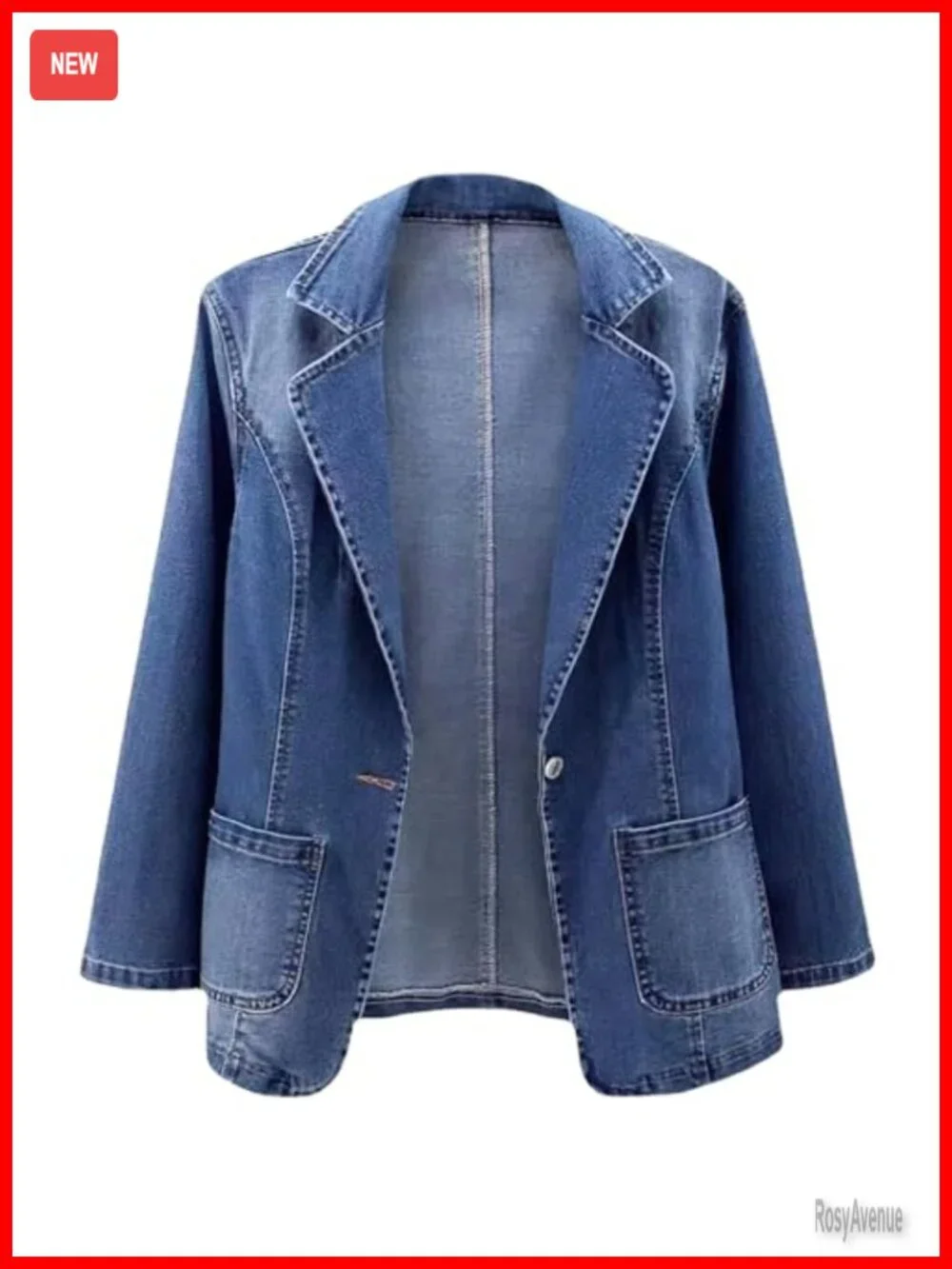 Classic Notch Lapel Denim Blazer One Button Long Sleeve Slim Office Jean Jacket